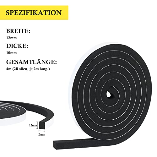 fowong Dichtband Selbstklebend für Türen Fenster, 12mm(B) x10mm(D) Fensterdichtung Selbstklebend, Wasserdichtes Dichtungsband Selbstklebend Schaumstoffband, Türdichtung für Isolierung 2 Rollen, Je 2m