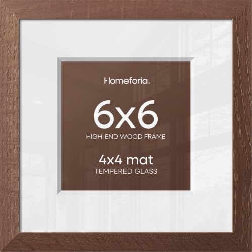 Image of Homeforia 6x6 Picture Frame Brown, High-End Dark Oak 6 x 6 Square Brown Wood Frame with Mat 4 by 4 for Art, 6by6 Wooden Walnut Poster Frame Matted to 4x4 inch Photo, Tempered Glass, Wall Kit, Set of 1