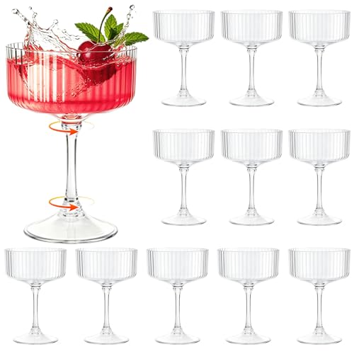 Image of 12 Pcs Plastic Martini Glasses Disposable,10oz Ribbed Martini Glasses | Unbreakable, Vintage Coupe Cocktail Glasses Set with Detachable Stem for Wedding Birthday Party Bar Supplies, Clear