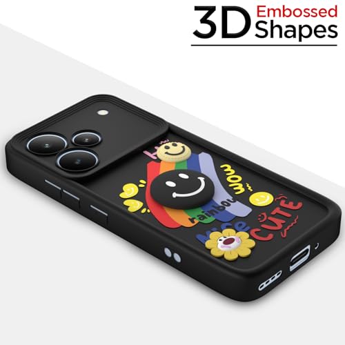 Image of Pikkme Back Cover for Realme P4 5G | Soft Silicone| Cute Rainbow Smile & 3D Cartoon Flower Design | Shockproof Raised Camera Protection Bumper Case (Black)