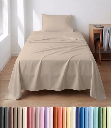 Image of Lightweight 3 Piece College Dorm Sheets Twin XL Size - Cooling Sheets for Hot Sleepers - Soft Breathable Bedding Set w / 8-16 Inch Deep Pockets - 1 Flat & 1 Fitted & 1 Pillowcase - Wrinkle Free - Wheat