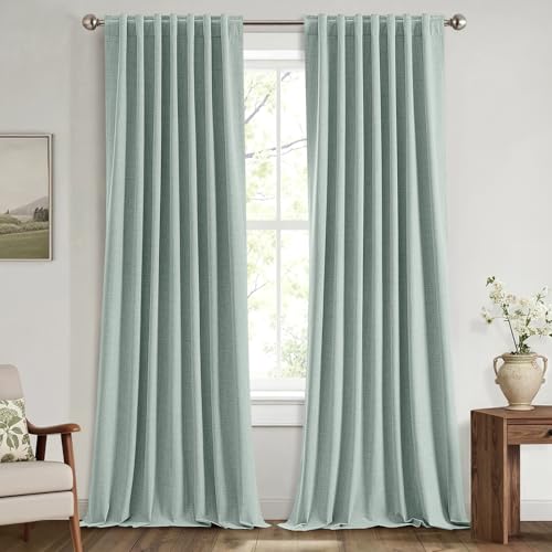 MIULEE 100% Blackout Linen Curtains for Bedroom, Seafoam Green Solid