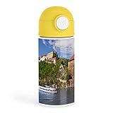 Inspirational Travel Enthusiast 12oz Kids Yellow Bottle – Panoramic view of Danube River with Veste Oberhaus castle – Travel Adventures, School Day