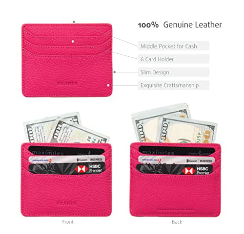 grande 3633 Genuine Leather Card Holder For Women and Men Super Slim Minimalist Small Snap Wallet (Pink)3