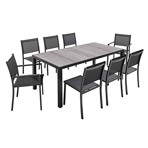 Oviala - Salón de jardín de 8 plazas de aluminio y cerámica efecto madera gris - Tivoli