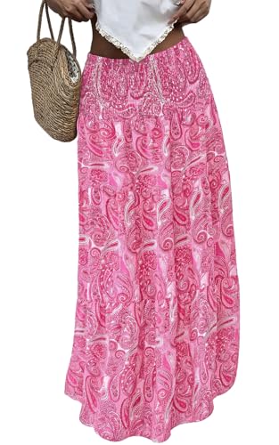 PRETTYGARDEN Women's Smocked High Waisted Long Summer Skirts 2026 Floral A Line Tiered Flowy Classy Boho Beach Maxi Skirt (Pink Floral, Medium)