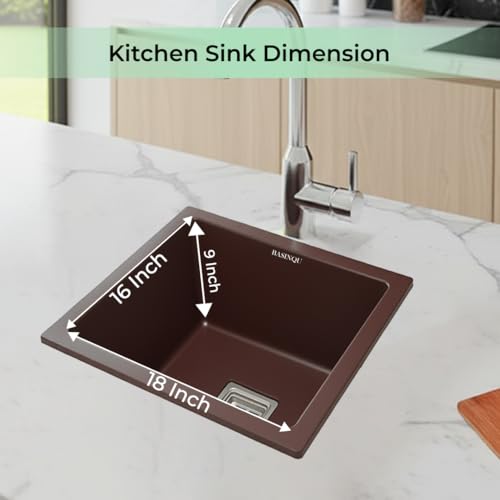 Image of BASINQU Quartz Sink for Kitchen | 18x16x9 Inches Brown Single Bowl Kitchen Sink | Granite UV Protected, Granite Scratch Resistant, Undermount /Topmount