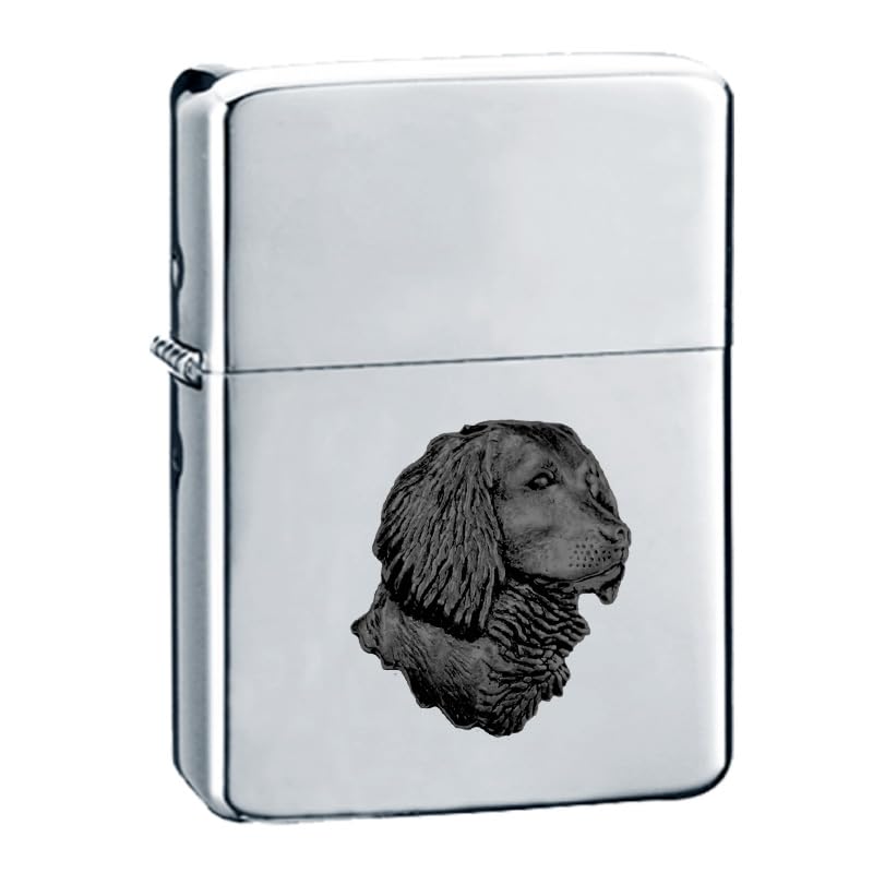 Briquet A5 essence coupe-vent avec tête d'épagneul en étain et boîtier chromé argenté