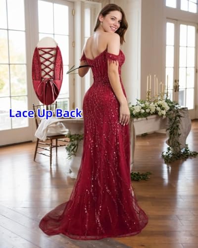 Sequin Prom Dresses for Women 2025 Sparkly Lace Tassel Formal Evening Party Gowns Mermaid Ball Gown with Slit2