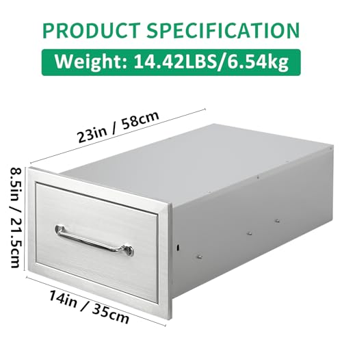Image of Outdoor Kitchen Drawers 14 inch W x 8.5 inch H x 23 inch D Stainless Steel Single Drawers with Ergonomic Handle for BBQ Island, Patio Grill Station & Outdoor Kitchen Cabinets