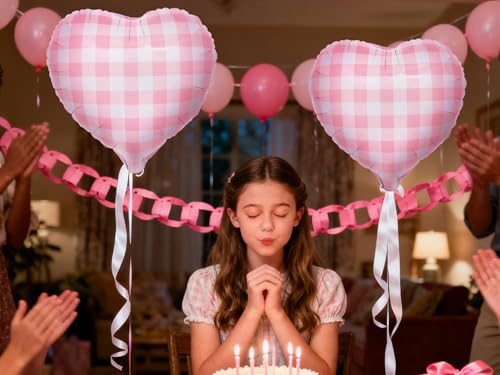 Image of 4pcs 18 inch Pink Heart Checked Balloons Striped Plaid Heart Foil Balloons for Spring Party Decorations Picnic Party Decor Love Theme Birthday Party Wedding Baby Shower Versatile Party Decor