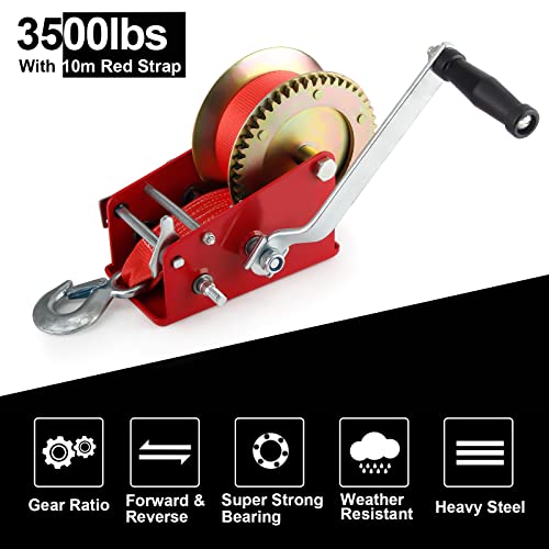 VZCY 3500 LBS Capacity Heavy Duty Hand Winch, 10m(32.8 ft) Nylon Strap 2 Gear Manual Crank Winch for ATV Boat Trailer Truck Auto, Red - Image 5