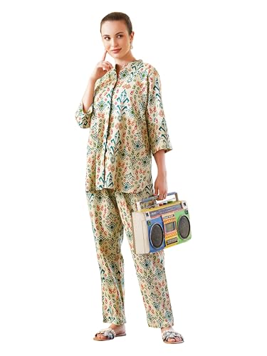 Image of Cotton Relaxed Fit Shirt & Trouser Co-Ord Set for Women |Front Openable Button and 3 /4 Sleeve Shirt |Two Pockets and Elasticated Waist Trouser | Casual Wear and Everyday Wear