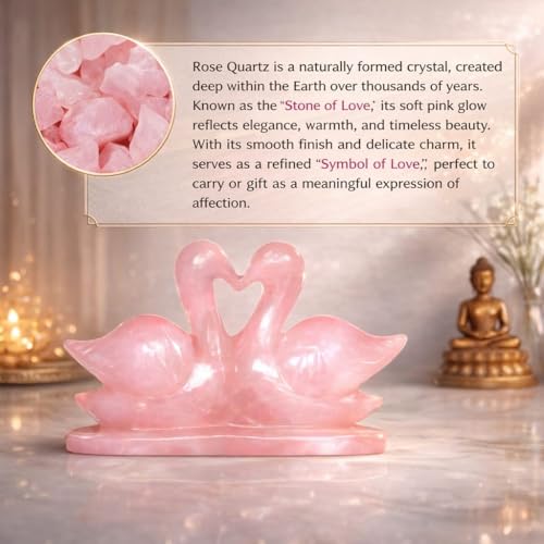 Image of Natural Rose Quartz Swan Pair | 100-200 g Certified Rose Quartz Crystal Love Birds Showpiece | Symbol of Love, Loyalty & Togetherness | Home & Office Decor | Ideal for Gifting