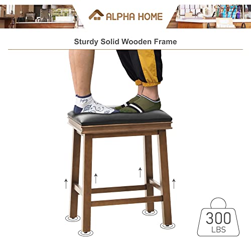 Alpha Home 24" Bar Stools Set Of 4, Solid Wood Kitchen Stools With Black Pu Leather Cushion Counter Height Bar Stools For Indoor, Black Seat And Walnut Legs, 4Pcs #TOP5