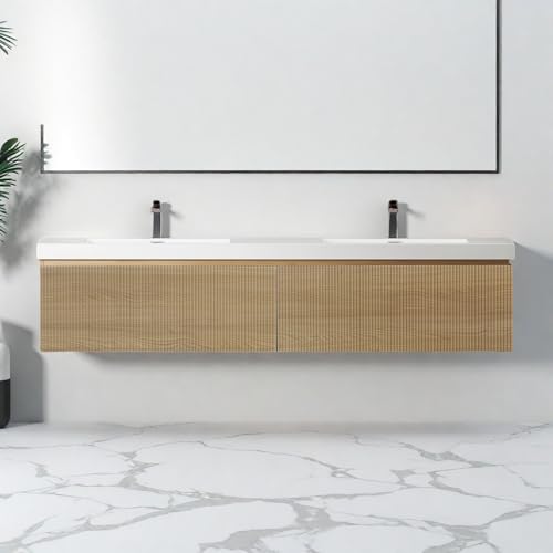 Image of Wall Mounted Bathroom Sink Vanity, Modern 72 inch Floating Vanity with 2 Resin Top Basins and 2 U-Shaped Soft-Close Storage Drawers, Striped Bathroom Storage Cabinet with Invisible Handle, Wood
