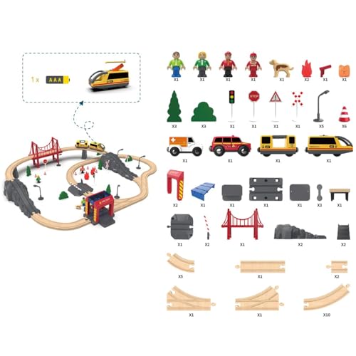 Holzeisenbahn Set 72-Teilen, Holzeisenbahn Schienen und Zugspielzeug, Modelleisenbahn-Set für Kleinkinder, Spielzeugeisenbahn-Set für Kinder im Alter Von 1–3 Jahren, Geschenk für Jungen und Mädchen