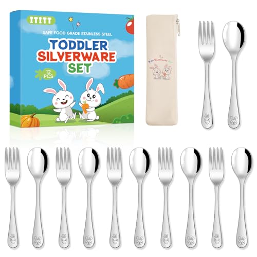 Image of ITITT 12 Pieces Stainless Steel Toddler Utensils Set - Food Grade Kids Silverware Set Children Safe Small Forks and Spoons Mirror Polished Sturdy and Durable Dishwasher Safe