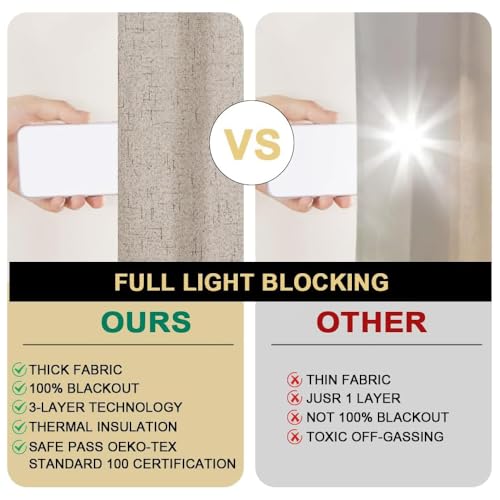 Image of PrinceDeco Linen Texture Curtains Soild 100% Blackout Thermal Insulated with White Liner Blackout Curtains for Bedroom 90 Inches Long 2 Panels,52 inch Wide,90 inch Length Noise Reducing Curtains, Stone