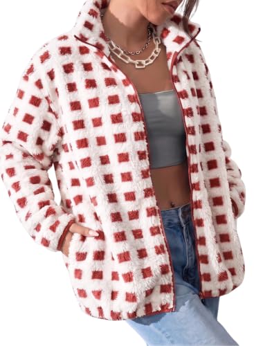 Dokotoo Women's Fleece Jacket 2026 Oversized Zip Winter Jackets,Red Plaid,XS