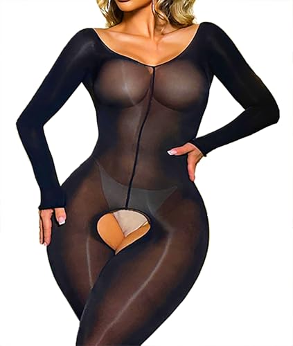 Aucute Damen Dessous Netz Rein Bodystocking Ouvert Catsuit, langärmeliger Nylon-Bodys, Ganzkörperstrümpfe für Frauen Sexy, Schwarz