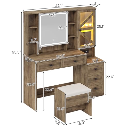 Image of AOGLLATI Farmhouse Vanity Desk with Mirror and Lights, Makeup Vanity Set with Lights & Jewelry Cabinet & 5 Drawers, Vanity Table with Charging Station, Hidden Storage Space for Bedroom, Brown