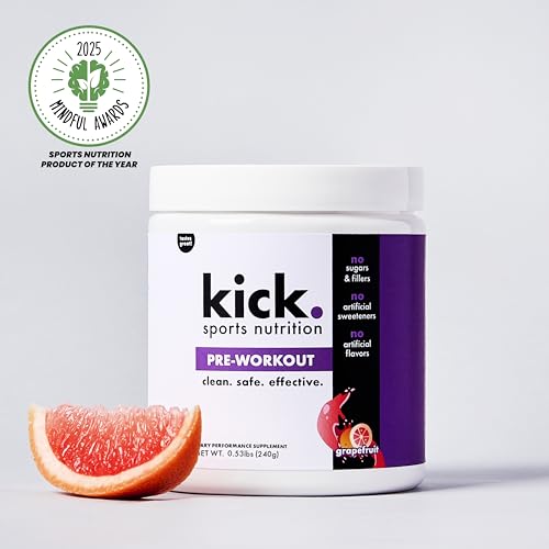 Image of Kick Pre Workout Powder, Grapefruit Flavor, 30 Servings, L Theanine, Amino Acids, L Glutamine, and Caffeine to Support Energy & Fitness Performance, No Sugar, No Artificial Sweeteners or Flavors