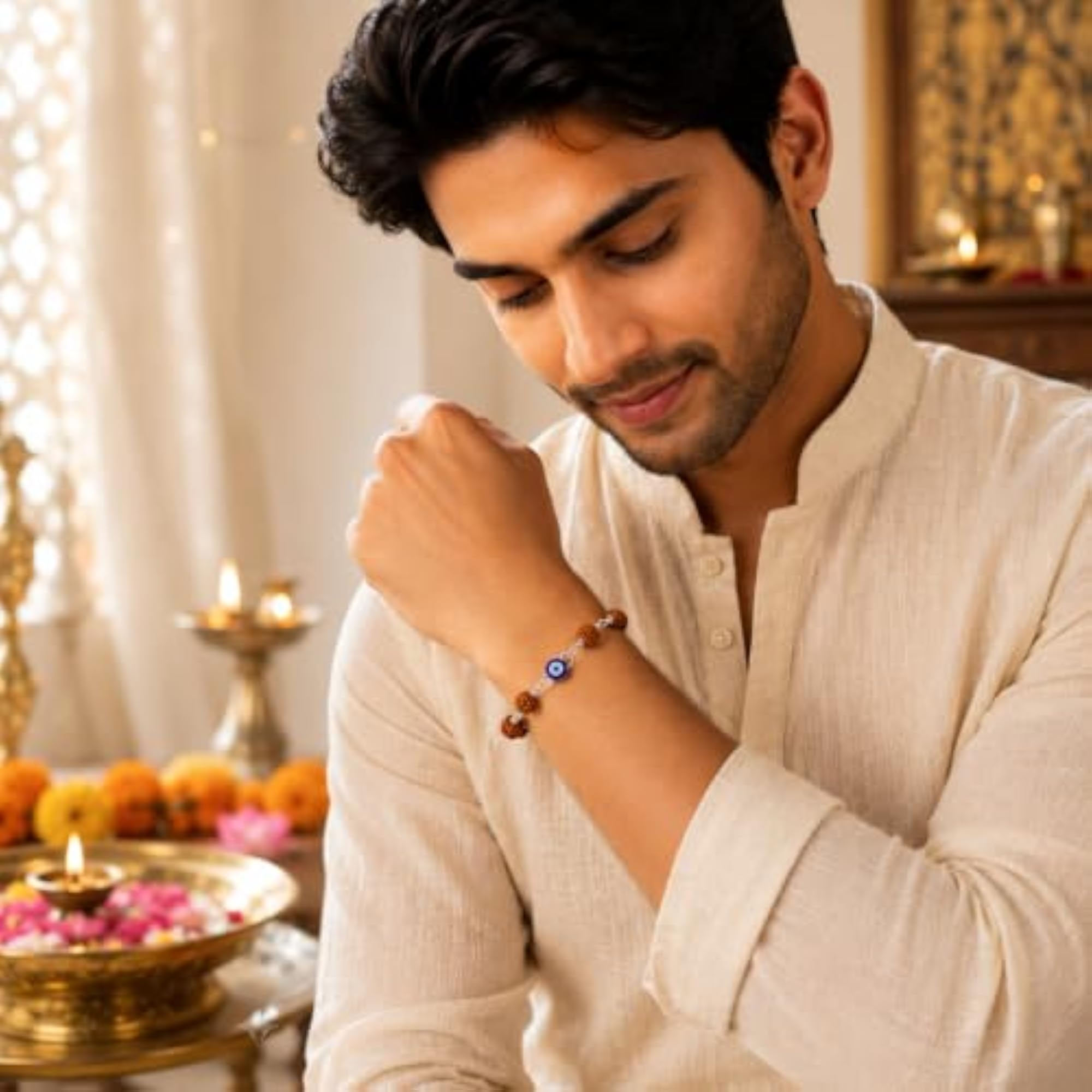 925 Silver Rudraksh Rakhi with Evil Eye for Brother
