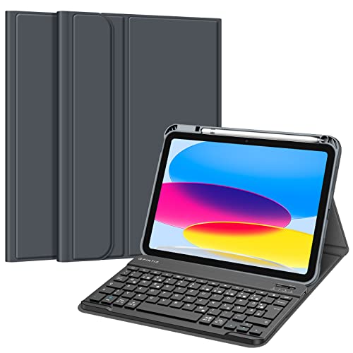 FINTIE Hülle mit Tastatur für iPad (A16) 11/10 Generation (2025/2022, 11/10.9 Zoll), Schutzhülle mit Stifthalter, Soft TPU Rückschale und magnetisch Abnehmbarer Keyboard, QWERTZ Layout, Space Grau