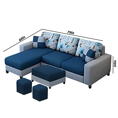 Image of Orland 4 Seater LHS L Shape Sofa with Center Table & 2 Puffy | Color - (Blue Grey Fabric)