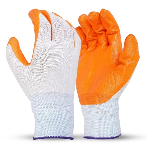 Image of Multipurpose Nylon Anti Cut PU Nitrile Coating Work Safety Gloves, Hand & Fingers, Gardening, Mechanical, Construction, Agriculture & Automotive - Durable & Comfortable (ORNAGEWHITE-5PAIR)