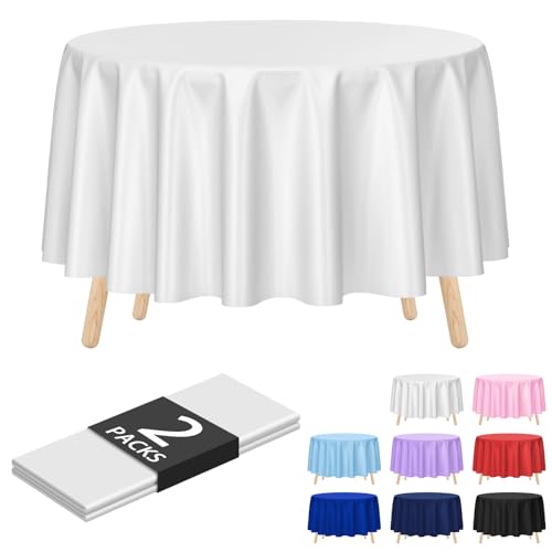 Image of Kopokita 2 Pack White Round Disposable Plastic Tablecloths 84 inch | Party Table Covers for Birthday, Picnic, Wedding, Baby Shower, Graduation