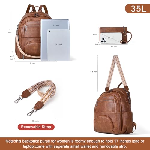 Leresas 35L Backpack Purse for Women Men Vegan Leather Backpack Travel College Work Laptop Computer Bag Business Teacher Backpack Brown — view 5