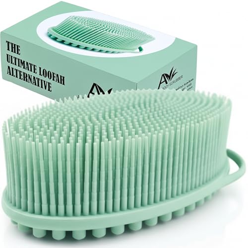 Image of Avilana Loofah Exfoliating Body Scrubber 2 in 1 Face And Body Silicone Scrubber - Antibacterial Silicone Shower Brush Loofa (Upgraded-Clear White)