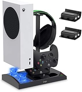 Charger Stand with Cooling Fan for Xbox Series S Console and Controller,Vertical Dual Charging Dock Accessories with 2 x 1400mAh Rechargeable Battery & Cover, Earphone Bracket for Xbox Series S(Black)