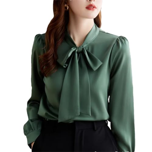 Women Bow Tie Long Sleeve Shirt Acetata Satin Blouses Office