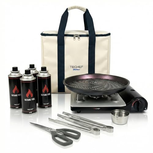 TECHEF - KBBQ Ultimate Set with Korean BBQ Grill Pan, Agni Portable Gas Stove Burner, Carrying Bag, 4 pack Butane Gas, Scissors, 2 BBQ Tongs, Made in Korea