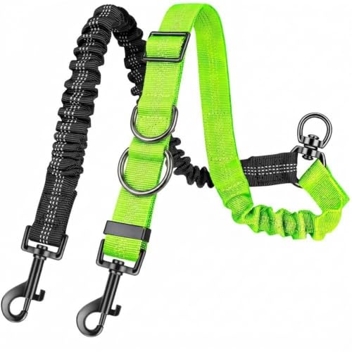 Xiciki Doppelte Hundeleine für 2 Hunde, 360° Drehbar Verhedderungsfrei, Verstellbare Stoßdämpfende Bungee-reflektierende Leine für Hunde Klein Mittlere und Große Lauftraining,Schwarz und Grün