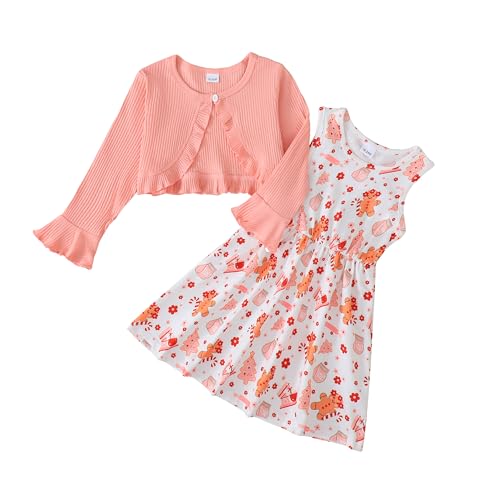 YWFSHOP Baby Girl Christmas Dress 2 Piece Sleeveless Santa Pattern Dresses and Ruffle Long Sleeve Cardigan