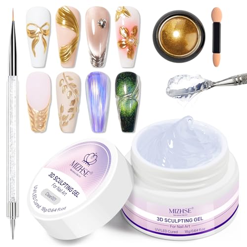 MIZHSE 3D Nail Gel for Sculpting - Hard Gel for Nail Art Builder Gels with Gold Chrome Powder 3D Gels for Sculpture/Moulding Clear 18G