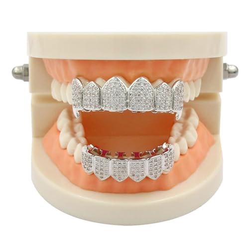 Grillz Diamond Grills for Your Teeth 18K Gold Plated Teeth Caps Top Bottom Set Iced Out Cubic Zirconia Grills Grillz Hip Hop Rapper Costume Cosplay Gothic Halloween Vampire Accessories Extra Molding Bars for Men and Women2