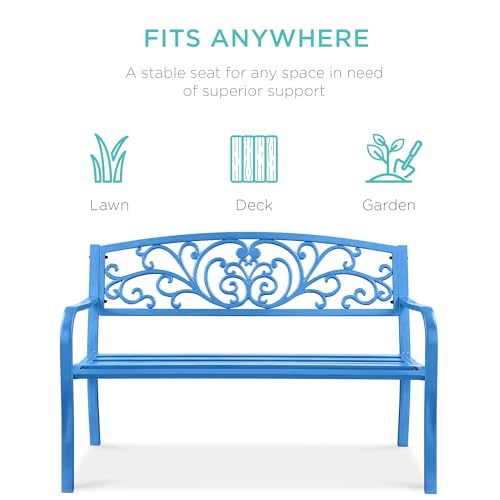 Best Choice Products Outdoor Bench Steel Garden Patio Porch Furniture for Lawn, Park, Deck w/Floral Design Backrest, Slatted Seat - Ocean Blue - Image 3