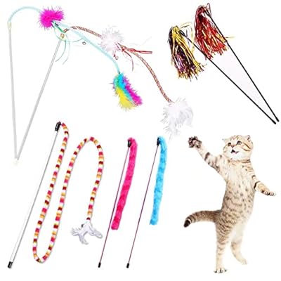 YINVA Cat Feather Toys Cat Wand Toys 7 Pcs Cat Teaser Wand Interactive Train Best Teaser Cat Toy with Assorted Feather for Indoor Cats Kitten