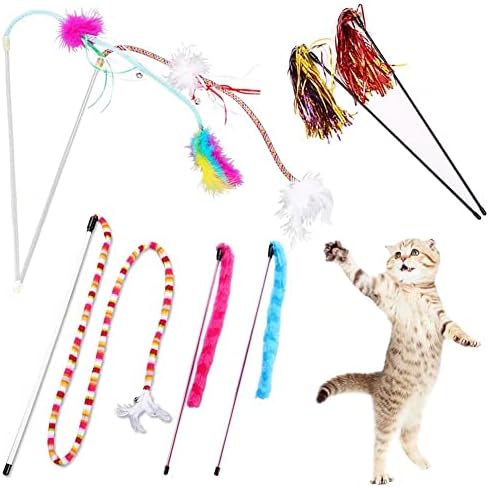YINVA Cat Feather Toys Cat Wand Toys 7 Pcs Cat Teaser Wand Interactive Train Best Teaser Cat Toy with Assorted Feather for Indoor Cats Kitten