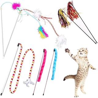 YINVA Cat Feather Toys Cat Wand Toys 7 Pcs Cat Teaser Wand Interactive Train Best Teaser Cat Toy with Assorted Feather for Indoor Cats Kitten