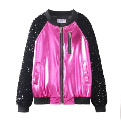 Image of WELAKEN Girls Sequin Sparkle Zip Bomber Jacket | Sequin sleeves, shiny bomber style, ribbed trim, smooth zipper and side pockets for party, dance, school and photos