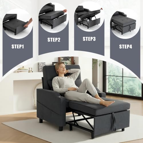 Image of Convertible Sleeper Chair, 5-in-1 Pull Out Chair Bed with Adjustable Backrest for Adults, Single Sofa Bed with USB Ports,Side Pocket,Cup Holder for Living Room,Dark Gray