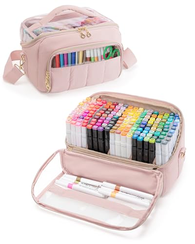 Marscamd Quilted Marker Organizer Case Holds 180 Markers Marker Storage Organizer Bag with Dividers and Detachable Crossbody Strap (Bag Only) Pink