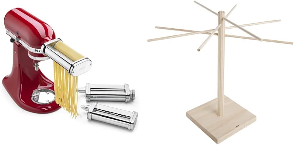 KitchenAid KSMPRA 3 Piece Pasta Roller & Cutter Attachment Set, Silver and Norpro Pasta Drying Rack Bundle