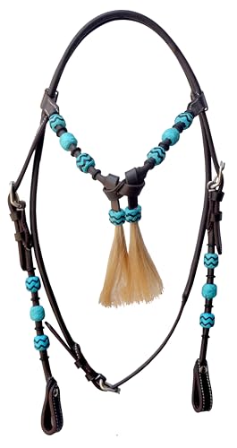 WeavingCraft Western Leather Round Headstall with Natural Hand Braided Turquoise Rawhide Futurity Knot Natural Hair Tassels Bridle -Dark Brown (Cob)